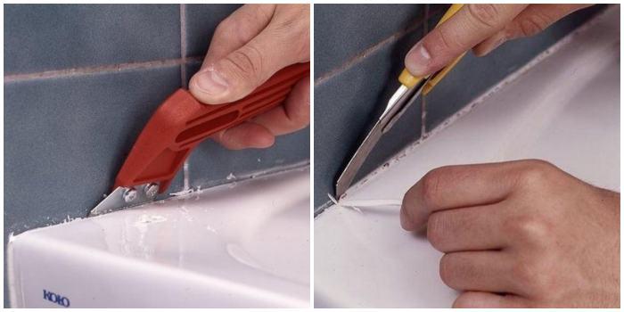 Удаление герметика с ванны ножом